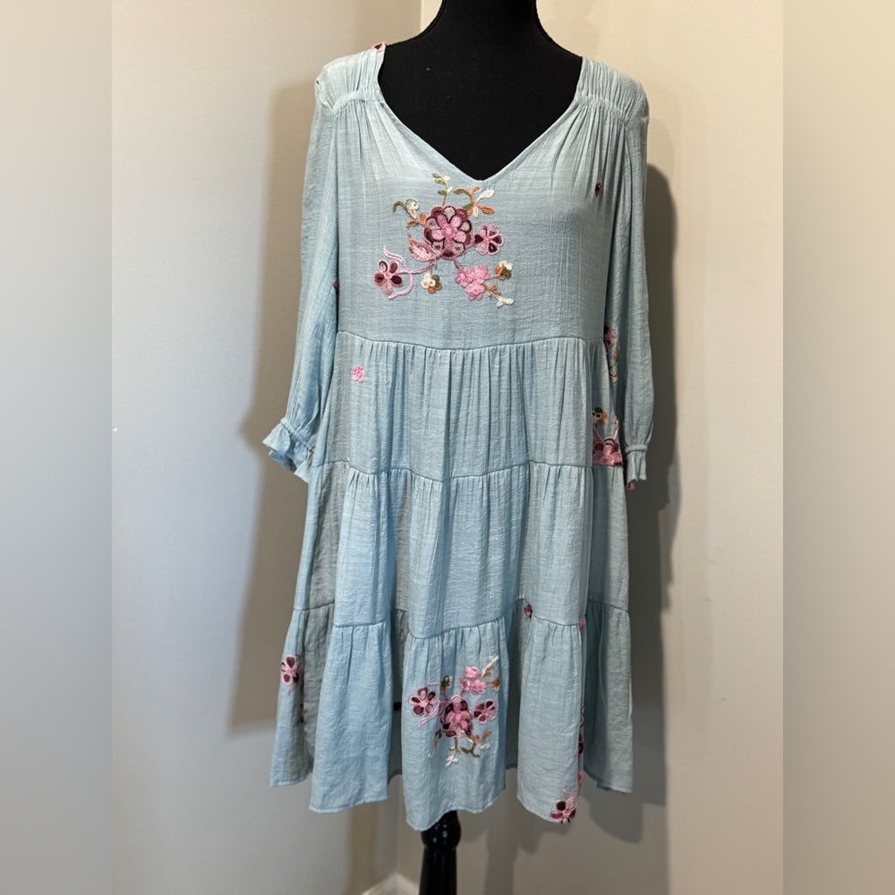 Hope Springs Floral Embroidered Blue Dress Medium Boho Chic! Cottagecore